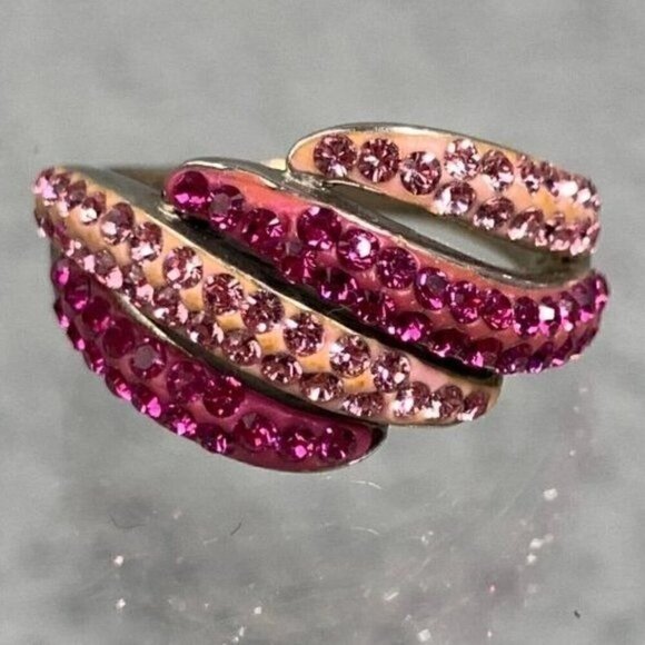 Vintage Gold Plated Sterling Silver & Crystal Cocktail Ring-Pink Stones/Silver - Picture 8 of 11